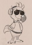  3_toes animal_crossing anthro avian beak belt bird clothing columbid corgi_(artist) dodo eyebrows eyewear feathers feet headphones male necktie nintendo pantsless raised_eyebrow shirt smile solo sunglasses toes topwear wilbur_(animal_crossing) wings 