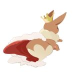  animal_focus black_eyes cape clothed_pokemon commentary crown eevee from_behind full_body fur-trimmed_cape fur_trim highres neck_fur no_humans pawpads pokemon pokemon_(creature) red_cape simple_background solo takashi_(pixiv_80298118) white_background yellow_headwear 