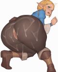  1girl absurdres anus anus_cutout ass asura_(asurauser) blonde_hair blue_eyes blush cum cum_on_ass cum_on_clothes highres huge_ass long_sleeves looking_at_viewer looking_back pants pointy_ears princess_zelda shoes short_hair simple_background solo the_legend_of_zelda the_legend_of_zelda:_breath_of_the_wild thick_thighs thighs tight_clothes tight_pants torn_clothes white_background wide_hips 