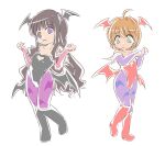  2girls animal_print bare_shoulders bat_print black_footwear black_leotard boots bridal_gauntlets brown_hair cardcaptor_sakura chibi clothing_cutout confused cosplay cowlick daidouji_tomoyo flat_chest full_body green_eyes hair_intakes head_wings heart_cutout kinomoto_sakura leotard lilith_aensland lilith_aensland_(cosplay) long_hair looking_at_viewer low_wings morrigan_aensland morrigan_aensland_(cosplay) multiple_girls okuri_ookami open_mouth pantyhose parted_lips purple_eyes purple_pantyhose red_footwear red_leotard short_hair simple_background smile vampire_(game) very_long_hair white_background wings 