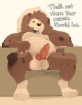  absurd_res animal_genitalia animal_penis anthro balls belly big_balls big_belly canine_genitalia canine_penis dialogue doeboi generation_7_pokemon genitals hi_res lycanroc male musclegut nintendo penis pokemon pokemon_(species) sitting smug_face solo 