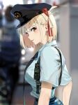  1girl :p alternate_costume black_headwear blonde_hair blue_necktie blue_shirt blurry blurry_background blush bob_cut breasts collared_shirt commentary from_side funi_mu9 hair_ribbon hat highres large_breasts looking_at_viewer looking_to_the_side lycoris_recoil necktie nishikigi_chisato one_side_up orange_eyes outdoors peaked_cap police police_hat police_uniform policewoman red_ribbon ribbon shade shirt short_hair short_sleeves solo tongue tongue_out uniform upper_body 