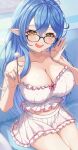  blue_hair breasts glasses highres hololive lap_pillow pointy_ears ryouya_nagi smile thighs virtual_youtuber yellow_eyes yukihana_lamy 