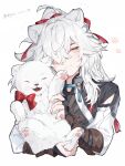  1boy absurdres animal animal_ears black_shirt blush bridal_gauntlets chinese_clothes grey_shirt hair_over_one_eye hair_ribbon half_updo high_ponytail highres holding holding_animal honkai:_star_rail honkai_(series) jing_yuan lion lion_boy lion_cub lion_ears long_sleeves looking_at_viewer mokyuko multicolored_shirt one_eye_covered red_ribbon ribbon shirt smile white_background white_hair white_shirt yellow_eyes 