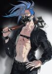  1boy axe belt belt_buckle black_jacket black_pants blue_hair buckle carrying_over_shoulder collarbone covered_mouth fashion galo_thymos grey_eyes hair_between_eyes hand_on_hip hand_up highres holding holding_axe jacket jewelry kaninn long_sleeves looking_at_viewer male_focus open_clothes open_jacket pants pinky_ring promare respirator ring short_hair side_cut solo toned toned_male white_background wristband 