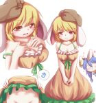  2girls ^_^ absurdres alternate_costume animal_ears bare_shoulders blonde_hair blue_hair blush breasts brown_headwear cabbie_hat cleavage closed_eyes commentary_request dior-zi dress earclip floppy_ears groin hat highres looking_at_viewer mars_symbol multiple_girls multiple_views navel orange_dress rabbit_ears rabbit_girl red_eyes ringo_(touhou) seiran_(touhou) simple_background speech_bubble spoken_mars_symbol touhou white_background 