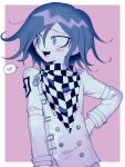  1boy :d a_(poipiku_325815) border checkered_clothes checkered_scarf commentary_request danganronpa_(series) danganronpa_v3:_killing_harmony fang hair_between_eyes heart jacket long_sleeves looking_to_the_side male_focus oma_kokichi open_mouth pink_background purple_eyes purple_hair scarf short_hair smile solo spoken_heart straitjacket upper_body white_border white_jacket 