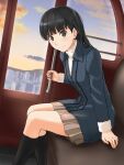  1girl amagami ayatsuji_tsukasa black_eyes black_hair black_socks blue_coat closed_mouth coat ferris_wheel_interior grey_skirt highres horizon kneehighs long_hair long_sleeves looking_at_viewer pleated_skirt skirt sky socks solo sweater takenoko_saba_otto turtleneck white_sweater 