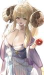  1girl :d absurdres ahoge anila_(granblue_fantasy) anila_(yukata)_(granblue_fantasy) blonde_hair breasts candy_apple cleavage draph food granblue_fantasy hand_fan highres hikimayu holding holding_fan horns japanese_clothes kimono large_breasts long_hair off_shoulder open_mouth ponytail sheep_horns shiro_wa_(shiroshironix) sidelocks simple_background smile solo white_background yellow_eyes yukata 