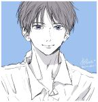  1boy blue_eyes border closed_mouth collarbone collared_shirt commentary cursive english_commentary grey_hair highres light_blue_background looking_at_viewer nose open_collar original pale_skin portrait saitou_shiori_(pixiv14549321) shirt short_hair simple_background sketch star_(symbol) straight-on twitter_username upper_body white_border white_shirt wispy_bangs 