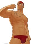  1boy abs bara biceps bulge buzz_cut feet_out_of_frame from_below glasses goatee_stubble hidora_art highres holding holding_whistle large_pectorals lifeguard looking_to_the_side male_focus male_swimwear muscular muscular_male navel nipples original pectorals red_male_swimwear short_hair sideburns solo sparse_navel_hair sparse_stubble standing stomach swim_briefs thick_eyebrows thighs topless_male v-taper very_short_hair whistle whistle_around_neck white_background 