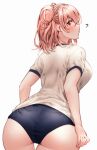  1girl ? ass blue_buruma blush breasts buruma from_behind gym_uniform hair_bun highres large_breasts pink_hair red_eyes red_hayao shirt simple_background single_hair_bun single_side_bun solo white_background white_shirt yahari_ore_no_seishun_lovecome_wa_machigatteiru. yuigahama_yui 