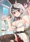  3girls :d :q amane_kanata amane_kanata_(1st_costume) azki_(4th_costume)_(hololive) azki_(hololive) bare_arms belt black_hair black_thighhighs blush breasts camisole cleavage collar commentary_request ear_piercing food food_on_face fork grey_hair highres holding holding_food hololive indoors large_breasts long_sleeves looking_at_viewer multicolored_hair multiple_girls nail_polish nanana_narang one_eye_closed open_mouth piercing plaid plaid_skirt purple_eyes red_eyes red_nails red_skirt sakamata_chloe sakamata_chloe_(1st_costume) short_hair sitting skirt smile streaked_hair thighhighs tongue tongue_out torn_clothes virtual_youtuber w white_camisole window 