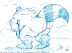  2009 anthro belly bent_over big_belly big_butt big_feet butt canid canine canis cashew_lou clearing cloud cooner duo feet fur hill landscape_dwarfing macro male mammal markings mountain obese obese_anthro obese_male overweight overweight_anthro overweight_male procyonid raccoon signature sketch sky solo_focus standing tail tail_markings text toony unnamed_character url wolf 