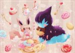  animal_focus artist_name black_fur blue_skin border brown_fur colored_skin commentary_request cup deino_(pokemon) doughnut eating eevee food fork hanabusaoekaki heart no_humans plate pokemon pokemon_(creature) solid_oval_eyes sparkle teacup teapot white_border 