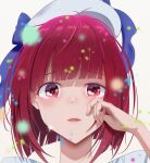  1girl arima_kana beret blue_bow blunt_bangs blurry blush bob_cut bow commentary crying crying_with_eyes_open dated_commentary depth_of_field hat hat_bow highres inverted_bob looking_at_viewer medium_hair no_pupils open_mouth oshi_no_ko portrait red_eyes red_hair shadow simple_background solo streaming_tears tears white_background white_headwear wiping_tears xvvstring 