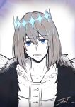  1boy absurdres blue_eyes buttons cloak collarbone diamond_hairband dragonfly_wings fate_(series) frilled_shirt_collar frills fur-trimmed_cloak fur_trim glowing grey_hair highres looking_at_viewer lower_teeth_only male_focus mmmpsychedelic138 monochrome oberon_(fate) oberon_(third_ascension)_(fate) open_mouth short_hair solo spot_color teeth upper_body 