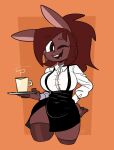  2023 absurd_res alternate_species anthro apron barista big_breasts bottomwear breasts buckteeth button_(fastener) buxy clothed clothing container cup digital_drawing_(artwork) digital_media_(artwork) dress_shirt female fingers front_view hi_res holding_container holding_cup holding_object izzy_(buxy) lagomorph leporid looking_at_viewer mammal navel_outline one_eye_closed open_mouth portrait rabbit shirt simple_background smile solo teeth thick_thighs tight_clothing tight_topwear topwear uniform wink 