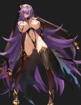 1girl ass_visible_through_thighs bare_shoulders black_thighhighs breasts chain character_request cluseller contrapposto copyright_request cross cuffs elbow_gloves full_body gloves groin hand_on_own_hip high_heels highres large_breasts long_hair navel nun purple_eyes purple_hair shackles simple_background slingshot_swimsuit solo swimsuit thighhighs very_long_hair 