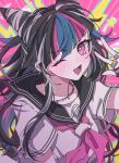  1girl ;d black_hair black_sailor_collar blue_hair danganronpa_(series) danganronpa_2:_goodbye_despair fingerless_gloves gloves grey_shirt hair_horns hand_up highres jewelry mioda_ibuki multicolored_background neckerchief one_eye_closed open_mouth pink_background pink_eyes pink_hair pink_neckerchief pote_(pote_39) ring sailor_collar shirt short_sleeves smile solo yellow_background 