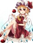  1girl apple ascot back_bow blonde_hair bobby_socks bow collared_shirt crossed_legs flandre_scarlet food frilled_bow frilled_shirt_collar frilled_skirt frilled_sleeves frills fruit full_body hat hat_bow kuromame1025 large_bow looking_at_viewer mob_cap one_side_up open_mouth puffy_short_sleeves puffy_sleeves red_apple red_bow red_eyes red_footwear red_skirt red_vest shirt short_sleeves simple_background sitting skirt skirt_set socks solo touhou vest white_background white_bow white_headwear white_shirt white_socks wings yellow_ascot 