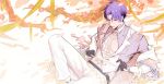  1boy bishounen black_gloves cherry_blossoms chiaa earrings gloves heterochromia highres jewelry kuya_(nu_carnival) long_sleeves looking_at_viewer male_focus mole mole_under_eye nu_carnival pants pectorals purple_eyes purple_hair reclining ribbon short_hair white_pants yellow_eyes yellow_ribbon 