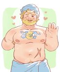  1boy adventure_time aged_up amputee armpit_hair armpit_hair_peek bara beard belly blonde_hair blush chest_tattoo cowboy_shot facial_hair finn_the_human heart highres large_pectorals male_focus mature_male momo_(imaboii666) muscular muscular_male navel_hair one_eye_closed pale_color pectorals plump scar short_hair solo tattoo thick_eyebrows towel_around_waist waving 