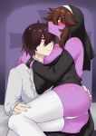 anthro big_breasts black_clothing blush breasts brown_hair camel_toe clothed clothing deltarune duo embrace female freckles fully_clothed hair hand_on_butt hechangjun250 hi_res human human_on_anthro interspecies intimate kris_(deltarune) legwear male male/female mammal nun_habit nun_outfit red_eyes reptile scalie shirt sitting stockings susie_(deltarune) thong topwear undertale_(series) underwear 