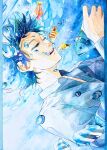  1boy absurdres acf_creator air_bubble blue_hair blue_theme bubble closed_eyes collared_shirt fish highres long_sleeves male_focus open_mouth original painting_(medium) shirt short_hair solo submerged traditional_media underwater upper_body water watercolor_(medium) white_shirt 