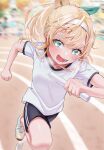  1girl absurdres aqua_eyes blonde_hair blurry blurry_background foreshortening hair_ornament hair_ribbon hairband heavy_breathing highres hololive kazama_iroha landl long_hair multicolored_ribbon open_mouth ponytail relay_baton ribbon running running_track shirt shoes shorts sneakers sportswear sweat t-shirt virtual_youtuber white_shirt 