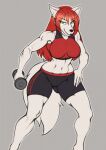  anthro bra breasts canid canine canis clothing exercise eyebrow_through_hair eyebrows female gothgoblin hair hand_on_hip hi_res long_hair looking_at_viewer mammal muscular muscular_anthro muscular_female navel red_hair solo sports_bra translucent translucent_hair underwear valerie_kendall weightlifting white_body wolf workout 