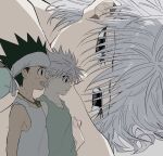  2boys bare_shoulders black_eyes gon_freecss green_hair hair_between_eyes headband hunter_x_hunter jewelry kasukasugom1 killua_zoldyck male_child male_focus multiple_boys necklace profile remembering shirt short_hair sleeveless spiked_hair sweatdrop upper_body white_hair white_shirt 