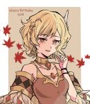  1girl blonde_hair choker citrinne_(fire_emblem) detached_sleeves earrings feather_hair_ornament feathers fire_emblem fire_emblem_engage gem gold_choker gold_trim hair_ornament highres hoop_earrings jewelry looking_at_viewer necklace oda32t open_mouth red_eyes shawl short_hair smile solo 