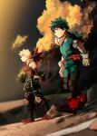  2boys arms_at_sides bakugou_katsuki bare_shoulders belt belt_pouch black_cloud black_clouds black_footwear black_mask black_pants black_tank_top blonde_hair blurry blurry_background blurry_foreground bodysuit boku_no_hero_academia boots chromatic_aberration clenched_hands closed_mouth cloud cloudy_sky colored_shoe_soles combat_boots commentary_request covered_navel cross-laced_footwear depth_of_field detached_sleeves dirty dirty_clothes dirty_face dutch_angle eye_mask film_grain freckles from_side full_body gloves green_bodysuit green_eyes green_hair hands_in_pockets headgear highres knee_pads light looking_ahead male_focus maneki-neko_(fujifuji) mask mask_around_neck midoriya_izuku multiple_boys outdoors pants partial_commentary pouch profile red_belt rock scratches shadow short_hair sidelighting sideways_mouth sky sleeveless snap-fit_buckle spiked_hair sunlight tank_top toned toned_male utility_belt v-neck walking white_gloves wrist_guards x yellow_clouds 