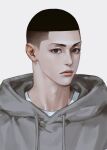  1boy bishounen black_eyes black_hair buzz_cut closed_mouth grey_background grey_hoodie highres hood hoodie looking_ahead male_focus nolja_cz portrait sawakita_eiji short_hair simple_background slam_dunk_(series) solo undercut very_short_hair 