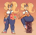  absurd_res activision anthro bandicoot blonde_hair breasts brown_body brown_fur clothed clothing coco_bandicoot computer crash_bandicoot_(series) cute_fangs eyebrows eyewear eyewear_on_head female fingers footwear fur goggles goggles_on_head hair hand_on_hip hand_on_own_hip hi_res laptop long_hair looking_at_viewer mammal marsupial motion_lines multicolored_body multicolored_fur overalls ponytail sitting solo standing tan_body tan_fur thick_thighs toeless_footwear topwear two_tone_body two_tone_fur wide_hips zr_furious 