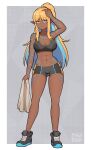  1girl abs absurdres arm_up bare_arms bare_shoulders black_footwear black_shorts blonde_hair blue_eyes blue_hair breasts collarbone commentary dark-skinned_female dark_elf dark_skin elf freydraws full_body glowing_tattoo hadairu_koseiri_(dsv) highres holding holding_towel long_hair medium_breasts multicolored_hair muscular muscular_female original parted_lips pointy_ears ponytail shoes short_shorts shorts solo towel two-tone_hair very_long_hair 