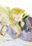  1girl ahoge backlighting blonde_hair cellphone closed_eyes collarbone hachimiya_meguru hair_flaps hair_ornament head_on_pillow highres hood hoodie idolmaster idolmaster_shiny_colors indoors jacket long_hair low_twintails on_bed open_mouth phone purple_jacket sleeping smartphone smile solo star_(symbol) star_hair_ornament sunlight twintails under_covers upper_body zhili_xingzou 