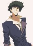  1boy brown_eyes closed_mouth cowboy_bebop cowboy_shot formal h_ysk_0 highres light_smile messy_hair necktie shadow shirt simple_background solo spike_spiegel spiked_hair white_background yellow_shirt 