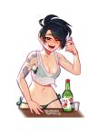  1girl ;d akali arm_tattoo artist_name bikini black_hair blush blushyspicy bottle breasts cleavage collarbone cowboy_shot cup hand_up holding holding_cup large_breasts league_of_legends navel one_eye_closed ponytail shiny_skin short_hair side-tie_bikini_bottom smile solo standing stomach swimsuit tattoo teeth transparent_background 