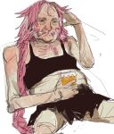  1boy aged_up astolfo_(fate) braid cup drinking_glass facial_hair fat fat_man fate_(series) frown hand_up holding holding_cup invisible_chair long_braid long_hair male_focus mossacannibalis old old_man pink_eyes pink_hair simple_background sitting sketch solo spread_legs white_background 