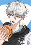  1boy artist_name black_hoodie blue_background blue_lock burger eating food grey_eyes hair_between_eyes highres holding holding_food hood hood_down hoodie jacket looking_at_viewer male_focus nagi_seishirou open_mouth patterned_background school_uniform shivaille simple_background solo two-tone_background upper_body white_background white_jacket 