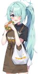  1girl apron bag black_shirt blue_archive blush brown_apron burger collared_shirt cowboy_shot food green_eyes green_hair green_halo hair_over_one_eye halo highres hiyori_(blue_archive) holding holding_food long_hair looking_at_viewer mom&#039;s_touch murase48 open_mouth plastic_bag shirt short_sleeves side_ponytail simple_background solo white_background 