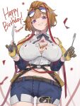  1girl black_gloves black_jacket blush breasts brown_hair butter_knife cake denim denim_shorts english_commentary eyewear_on_head food food_on_body food_on_breasts fork girls&#039;_frontline gloves grizzly_mkv_(girls&#039;_frontline) happy_birthday highres jacket jknor looking_at_viewer open_clothes open_jacket orange_gloves purple_eyes red_ribbon ribbon short_hair shorts sunglasses two-tone_gloves 