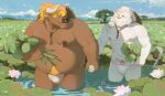  2023 absurd_res anthro asian_clothing belly big_belly bovid bovine cattle clothing detailed_background duo east_asian_clothing felid fundoshi hand_holding hi_res humanoid_hands huynhduyad14 japanese_clothing kemono lion male male/male mammal moobs nipples outside overweight overweight_male pantherine underwear white_clothing white_fundoshi white_underwear 