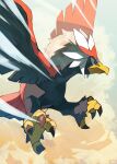  absurdres animal_focus bird black_eyes braviary bright_pupils closed_mouth commentary_request day flying frown gara_(qbeuxvii22) highres no_humans outdoors pokemon pokemon_(creature) talons white_pupils 