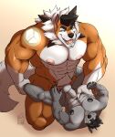  abs absurd_res anal anal_penetration anthro balls big_muscles black_hair black_nipples body_hair canid canine canis dominant dominant_male duo dusk_lycanroc generation_7_pokemon genitals grey_body hair happy_trail hi_res huge_muscles humanoid_genitalia humanoid_penis lycanroc male male/male mammal multicolored_body muscular nelldemon nintendo nipples open_mouth pecs penetration penis pokemon pokemon_(species) sex size_difference tattoo_on_shoulder white_body wolf yellow_body 