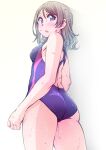  1girl ass ayumu-k blue_eyes blush brown_hair competition_swimsuit highres looking_at_viewer love_live! love_live!_sunshine!! one-piece_swimsuit short_hair simple_background smile solo swimsuit thighs watanabe_you wavy_hair 