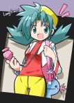  1girl :d aqua_eyes ass_visible_through_thighs blue_hair cropped_jacket drop_shadow hair_between_eyes hair_intakes highres jacket kris_(pokemon) long_sleeves looking_at_viewer open_clothes open_jacket open_mouth pink_bag pokegear pokemon pokemon_(creature) pokemon_(game) pokemon_gsc rascal red_shirt shirt smile solo thigh_gap twintails white_jacket wooper 
