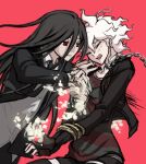  2boys bound bound_arms chain collar danganronpa_(series) danganronpa_2:_goodbye_despair kamukura_izuru komaeda_nagito multiple_boys red_background stuffing yandr4hope 